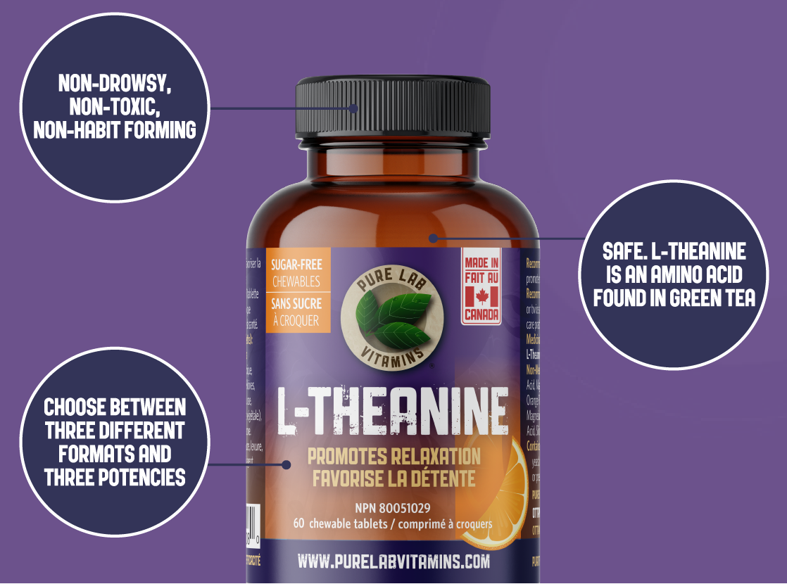 Bottle of L-Theanine supplement with purple background