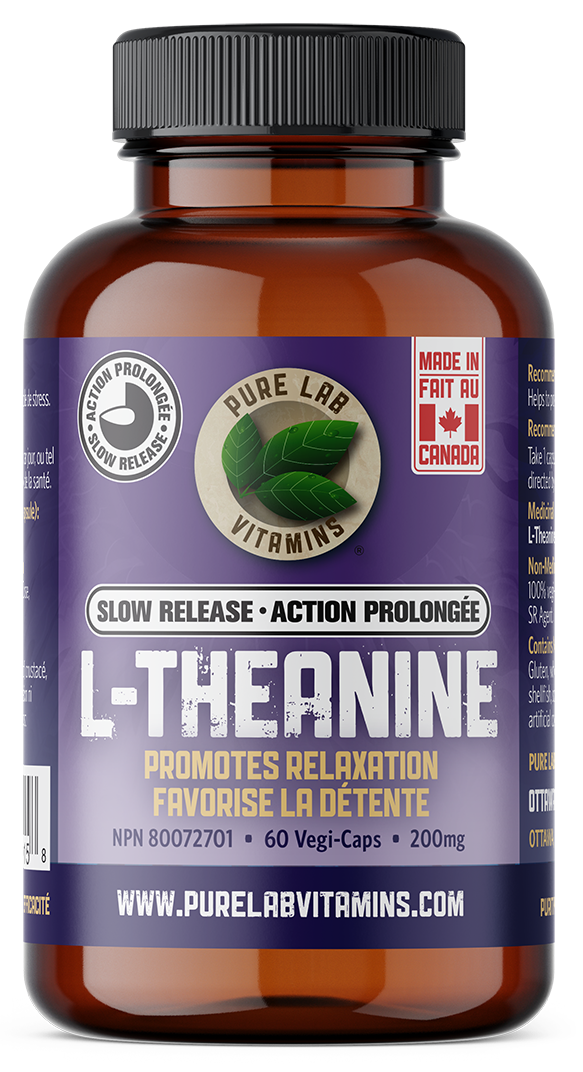 Bottle of Pure Lab Vitamins L-Theanine supplement on a white background
