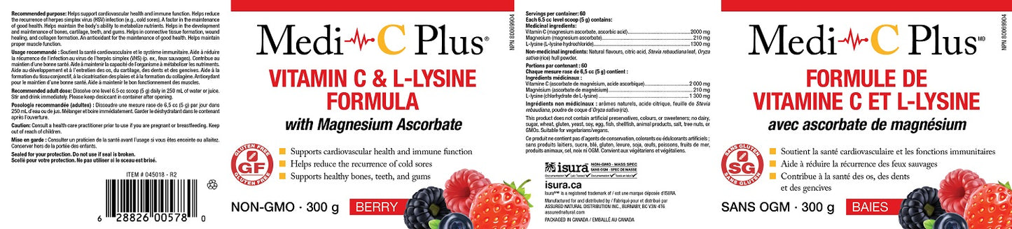 Medi-C - Vitamin C & L-Lysine with Magnesium Ascorbat (Berry - 300 gr) SAVE - Short Dated (01-2026)