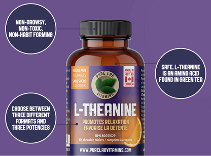 Bottle of L-Theanine supplement with purple background