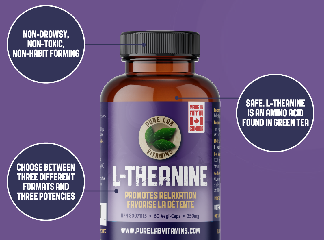 Bottle of L-Theanine supplement with purple background