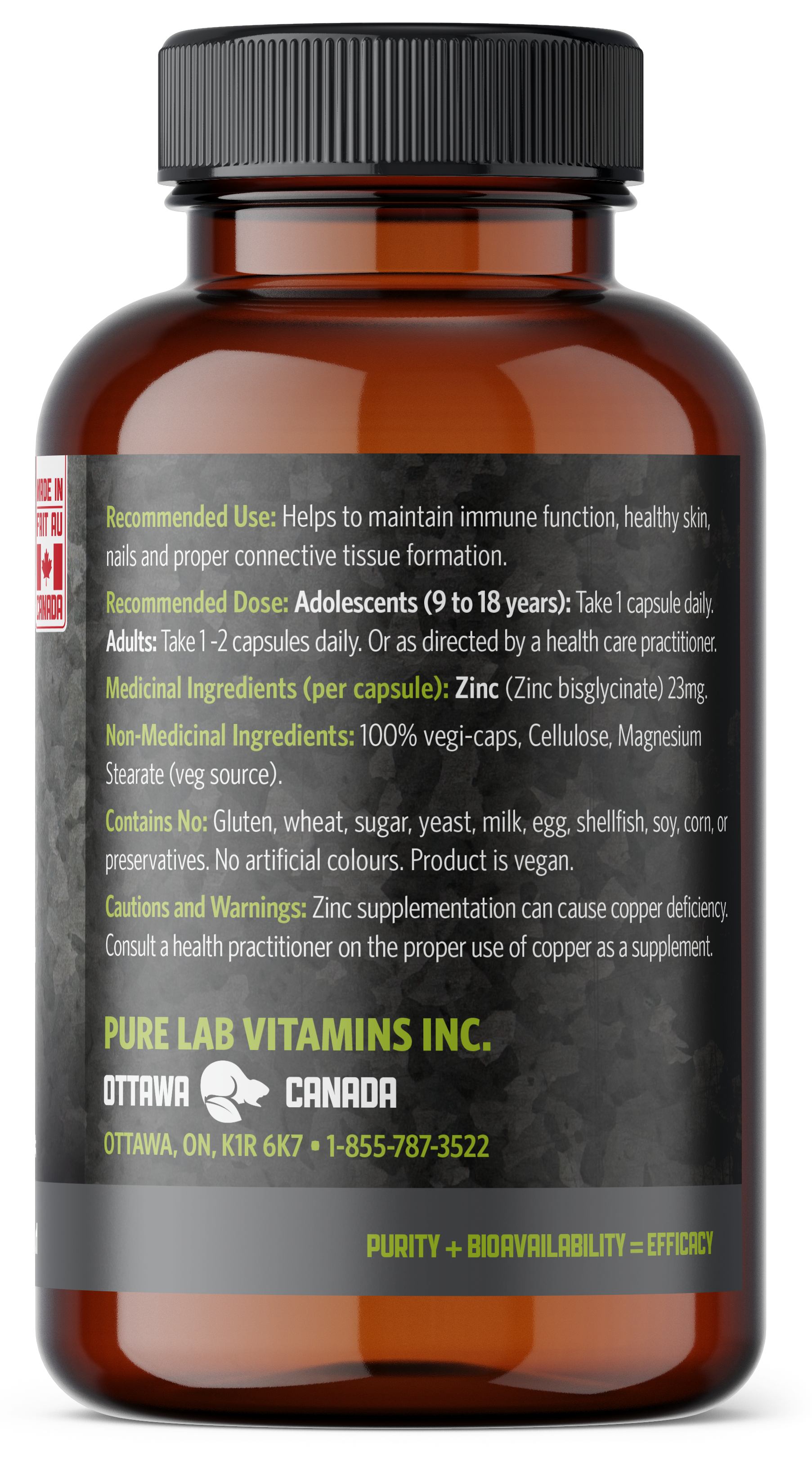 Brown supplement bottle with black label on a white background