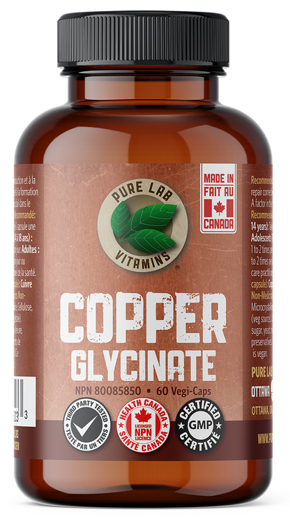 Brown supplement bottle labeled 'Copper Glycinate' with a black lid on a white background