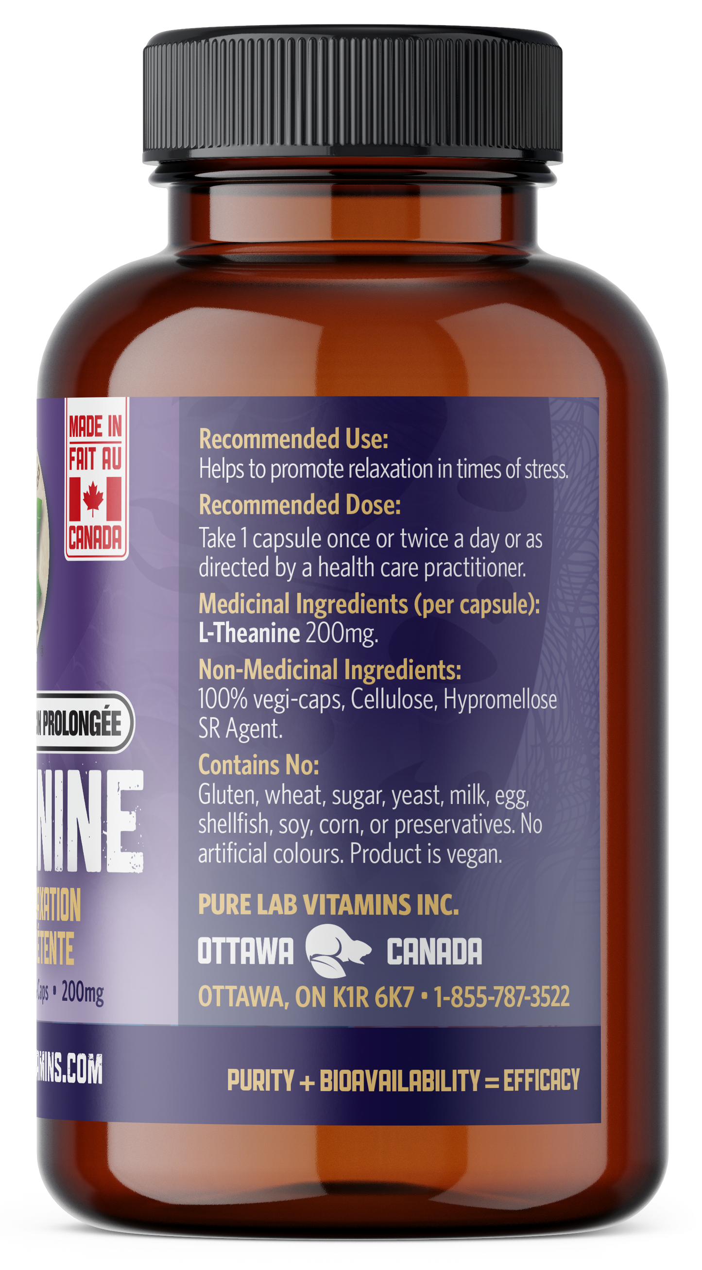 Brown supplement bottle with purple label on a white background