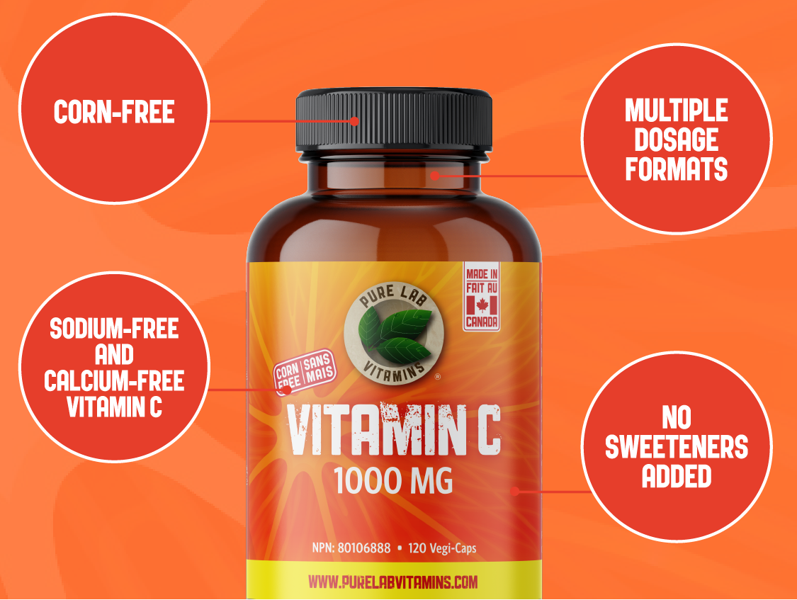 Vitamin C supplement bottle with features on an orange background