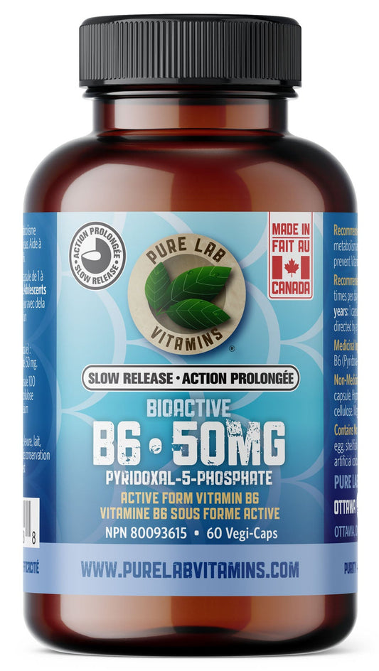 Vitamin B6 supplement bottle with blue label on a white background