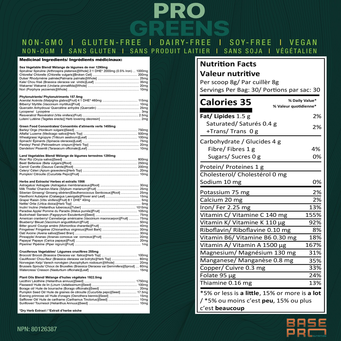 BASE PRO NUTRITION  Pro Greens (Unflavored - 240 grams)